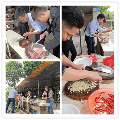 貝朗員工燒烤清洗食材現場